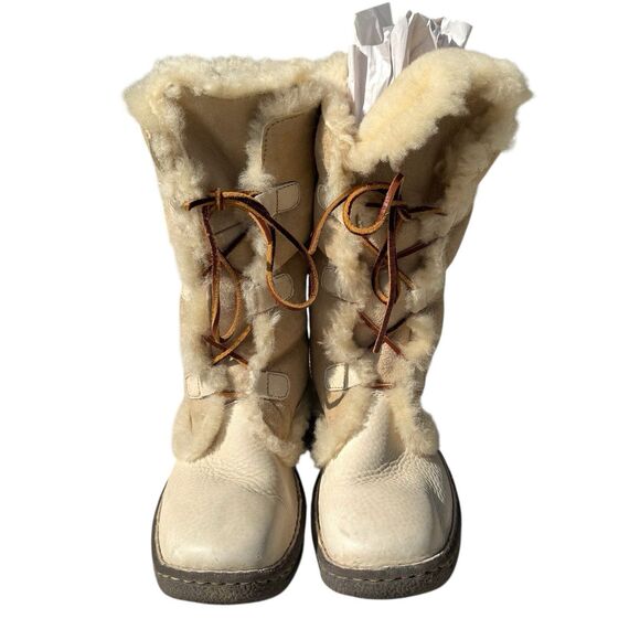 Born Shearling Boots 10 Cream Leather Lined Fold Over Winter Apres Ski Shoe - Picture 2 of 11